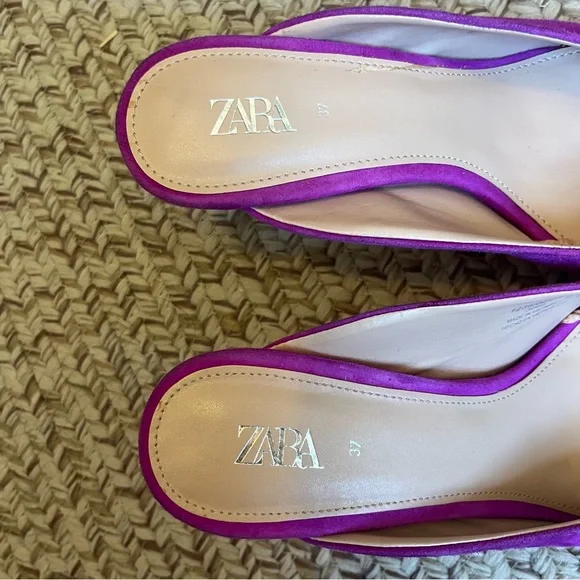 Zara Slip On Leather Kitten Heel Mule Fuchsia size 6.5 - Picture 6 of 7
